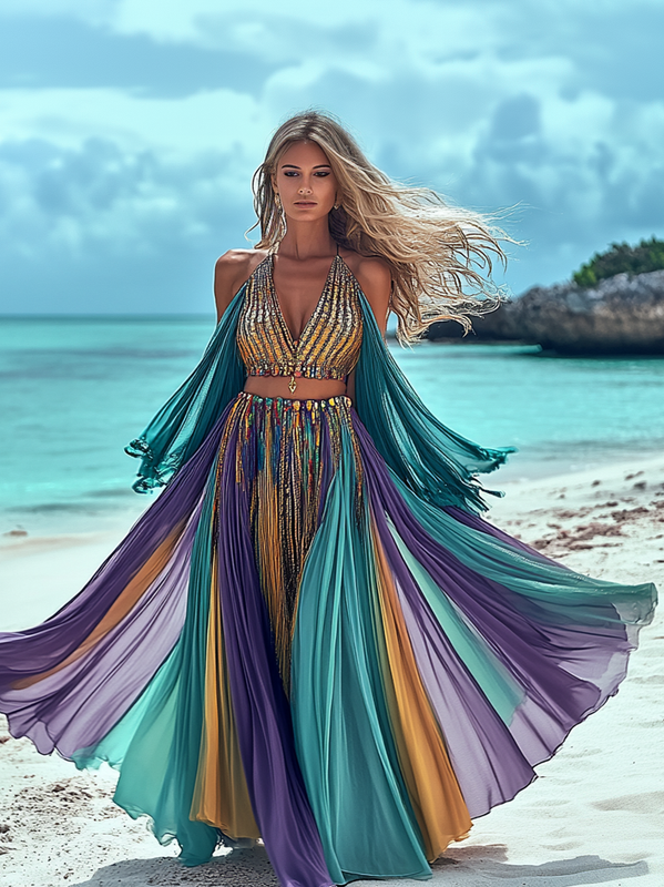 Summer vacation fashion elegant contrast color top+skirt set 11c0