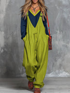 Women's Color-block Patchwork Round Neck Long-sleeved Casual Loose Top And Cotton And Linen Suspender Wide-leg Jumpsuit Set.