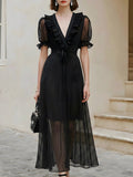 Sheer Chiffon Ruffled V-Neck Midi Dress