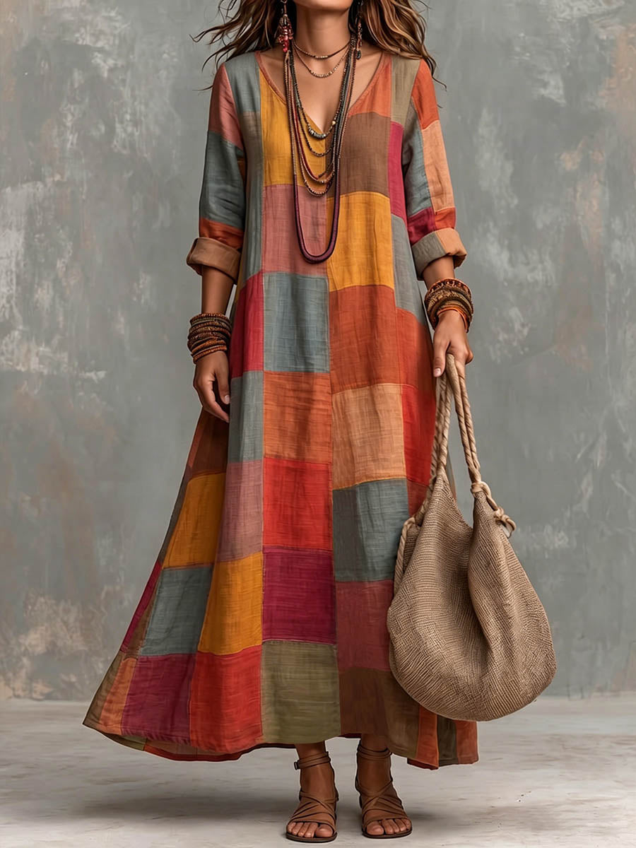 Women's Plaid Print V-neck Long-sleeve Casual Loose-fit Dress