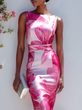 Hot Pink Floral Satin Boat Neck Sleeveless Sheath Midi Dress