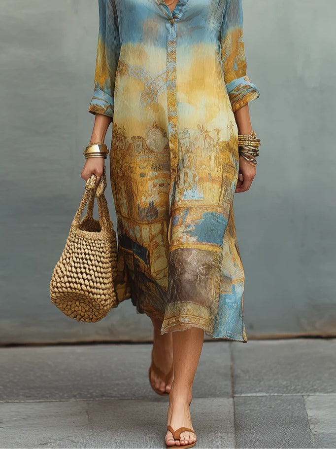 Baroque Blue And Yellow Gradient Printed Chiffon Midi Dress