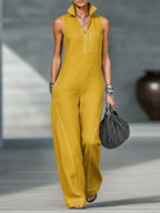 Women's Stand-collar Sleeveless Casual Loose Cotton And Linen Jumpsuit
