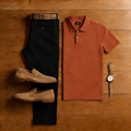 Men's Casual Red Brown & Black Solid Color Matching Sport Short Sleeved Polo Shirt & Trousers Two-Piece Set