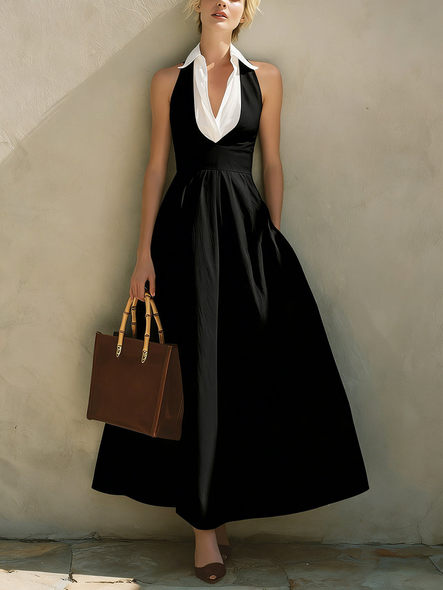 Fashionable Patchwork White Collar Sleeveless Cotton Dress
