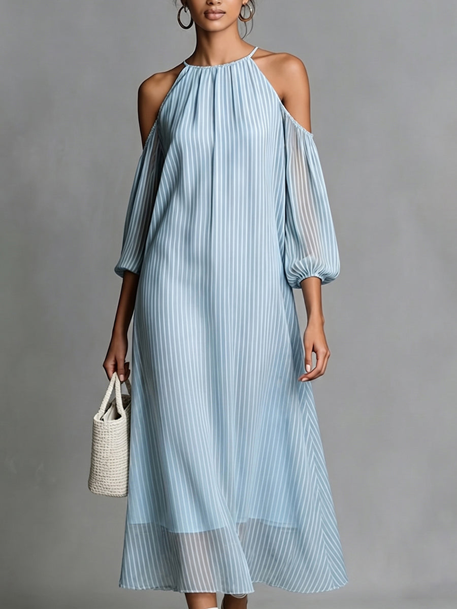 Elegant Halter-neck Striped Off-shoulder Midi Dress