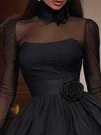 Black Tulle Accent Puff Skirt Mini Dress
