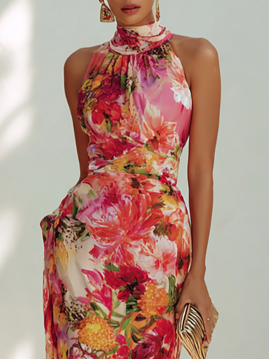 Red Floral Chiffon Halter Sleeveless Maxi Dress