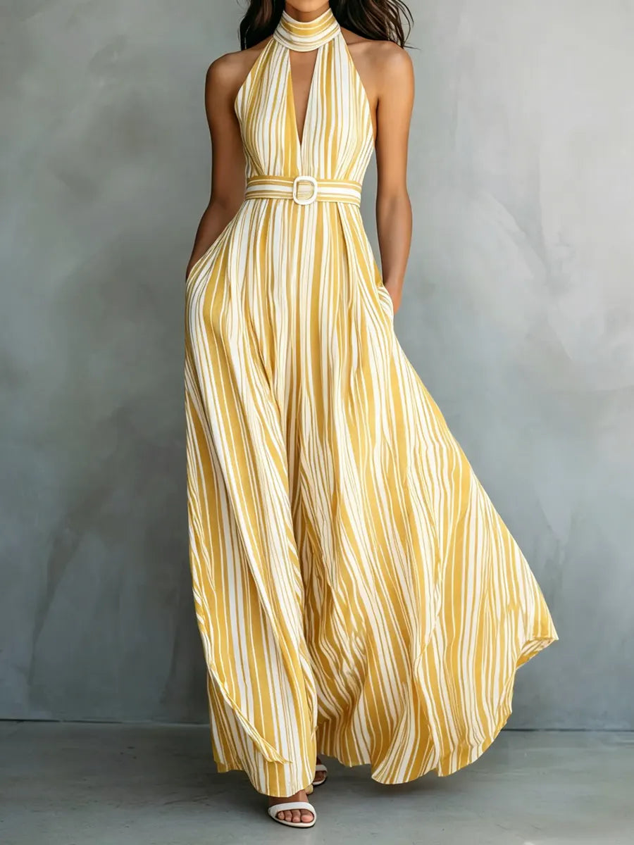 Women's Elegant Halter Neck Striped Dress
