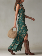 Retro Retro Boho Floral Print Asymmetrical Hem Maxi Dress