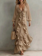 Women's Elegant Lace-trimmed V-neck Dress