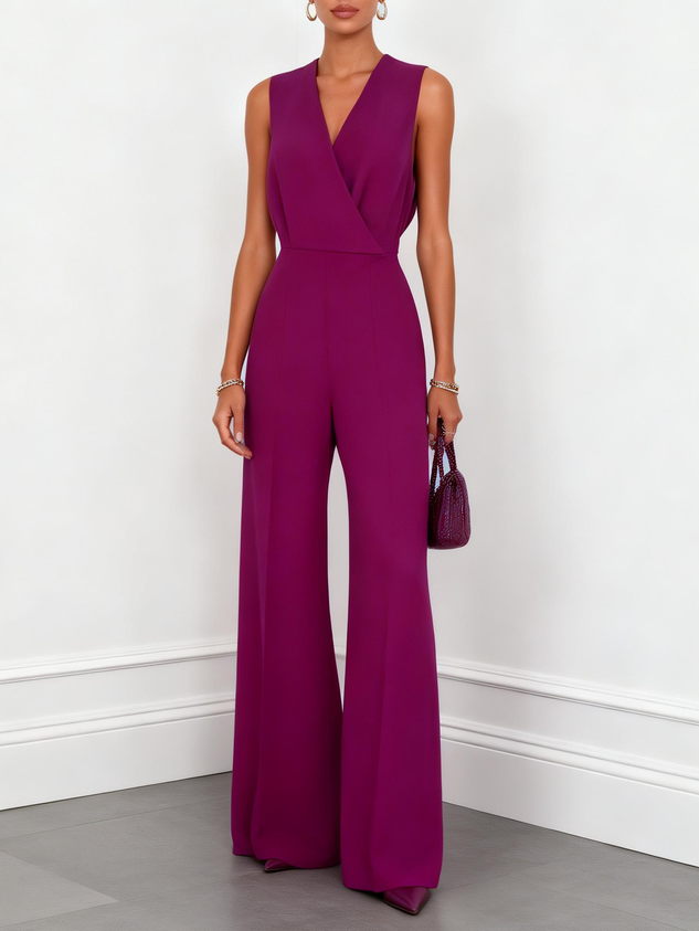 Women Purple V Neck Sleeveless Dressy Jumpsuit