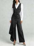 Women's V-neck Sleeveless Casual Loose-fitting Denim Wide-leg Jumpsuit