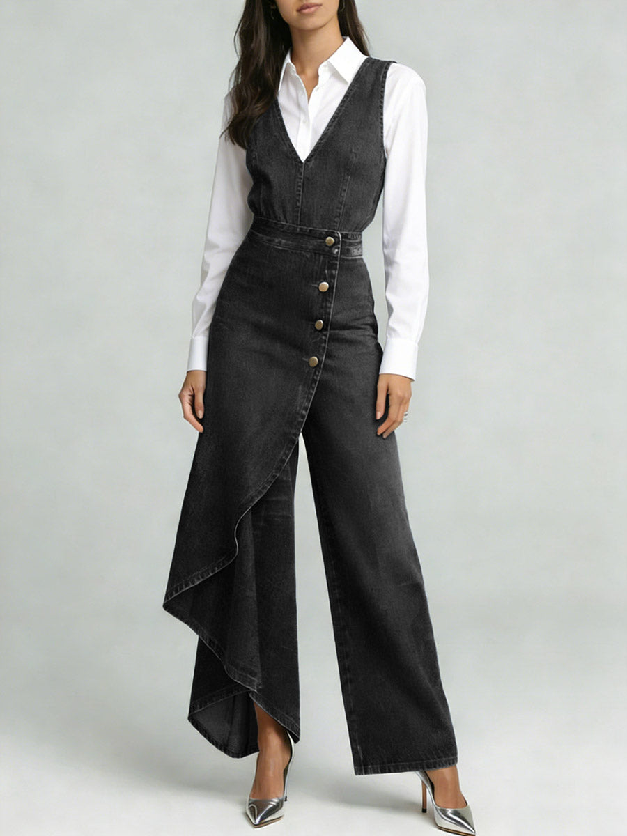 Women's V-neck Sleeveless Casual Loose-fitting Denim Wide-leg Jumpsuit