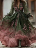 Women's Pink Rose Gradient Linen V-neck Dress