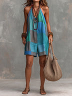 Women's Plaid Print V-neck Sleeveless Casual Loose-fit Wide-leg Romper