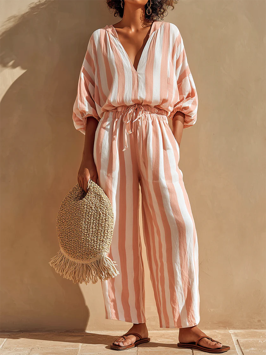 Cozy & Casual Vacation Striped Two-piece Set