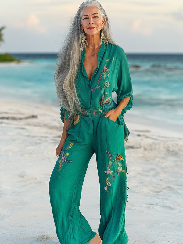 Vacation seaside elegant embroidery top + pant two piece set 8013