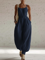 Elegant Vacation-style Spaghetti Straps Linen Jumpsuit