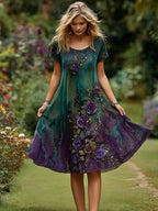 Women's Retro Floral Embroidery Gradient Pattern Round Neck Short Dress