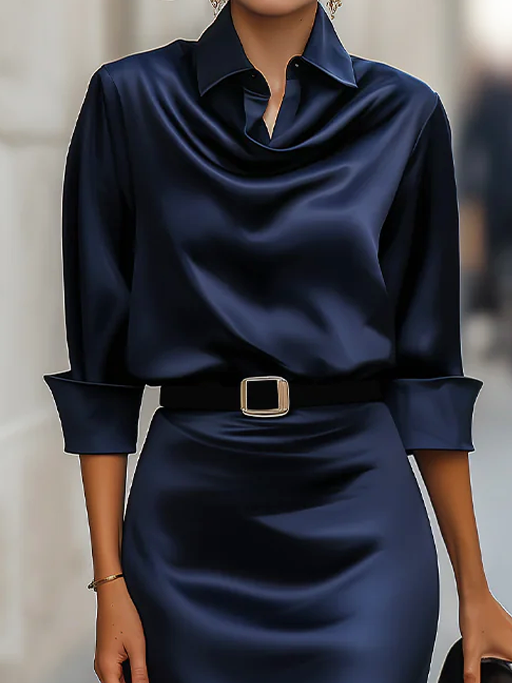 Elegant Plain Shirt Collar Knee Length Dress With Belt