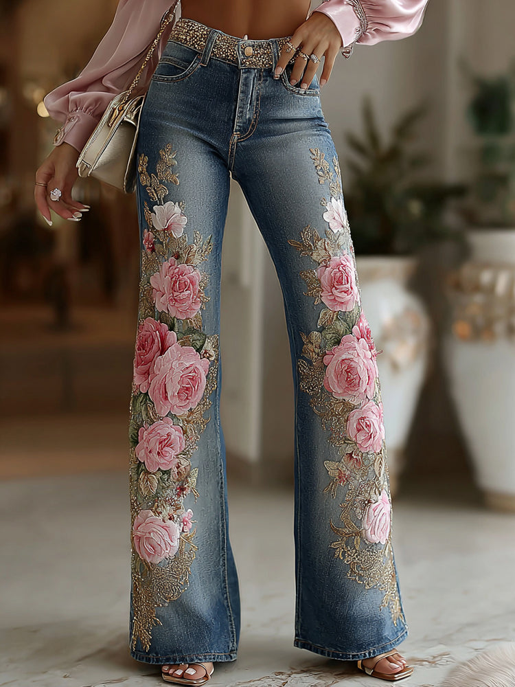 Women's Vintage Rose Floral Embroidery Art Casual Loose Jeans
