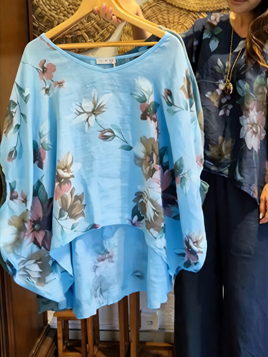 Casual Loose-fitting Floral Print Linen And Cotton Top