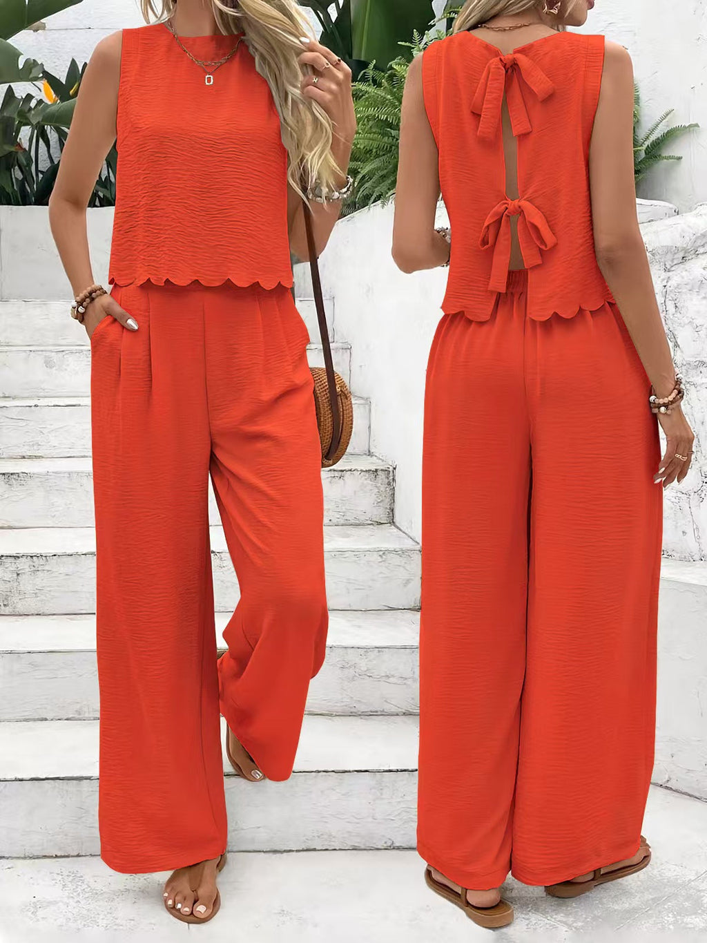 Women's Casual Round Neck Lace-up Top And Wide-leg Pants Set