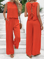 Women's Casual Round Neck Lace-up Top And Wide-leg Pants Set
