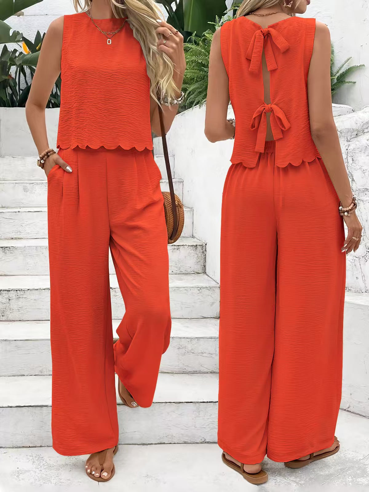 Women's Casual Round Neck Lace-up Top And Wide-leg Pants Set