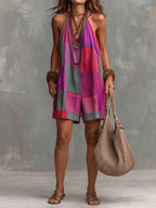 Women's Plaid Print V-neck Sleeveless Casual Loose-fit Wide-leg Romper