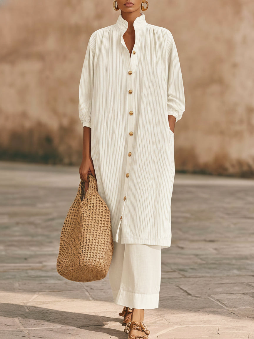 Elegant Metal Button Longline Shirt And Pants Set