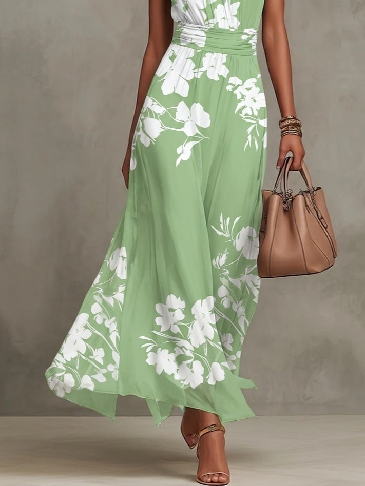 Green Floral Print Halter Neck Chiffon A-line Maxi Dress